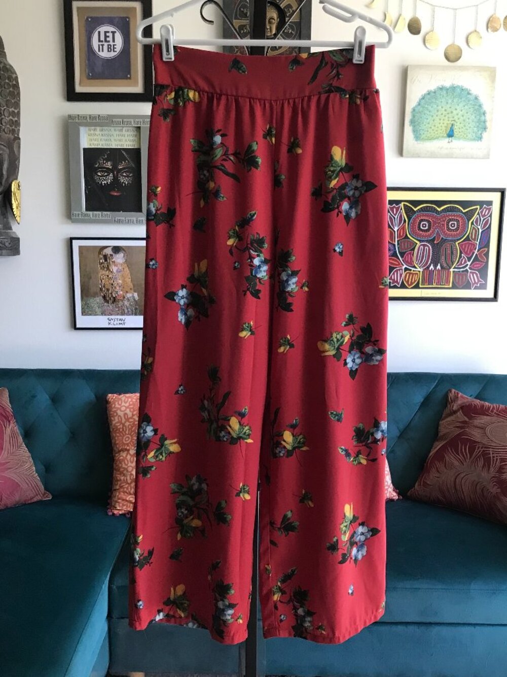 OPHELIA ROSE size S Brick Red Floral Pull-On Stretch Waist Wide Leg Pants